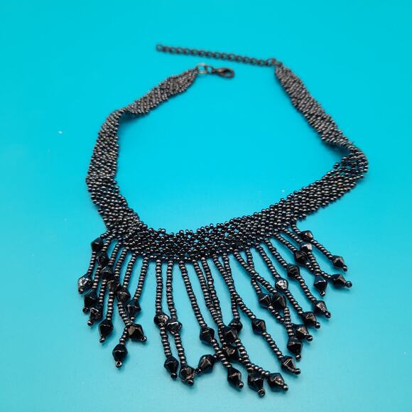 Vintage Hand Woven Seed Bead Fringe Necklace, Metallic Black, 15 1/2" - Picture 5 of 8